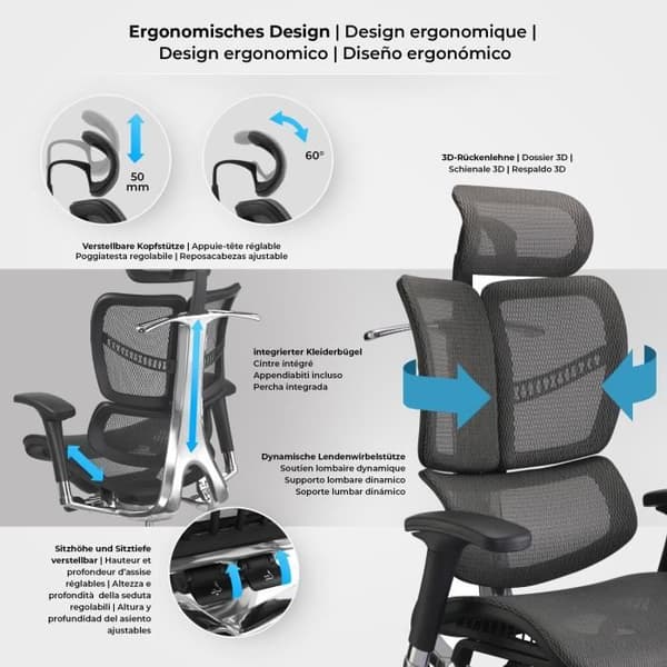 Norfolk ergonomisk kontorsstol med ryggstöd och justerbart nackstöd, grå