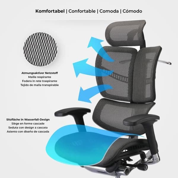 Norfolk ergonomisk kontorsstol med ryggstöd och justerbart nackstöd, grå