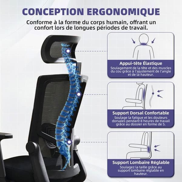 Ergonomisk kontorsstol, höjdjusterbar, lutande ryggstöd, kontorsstol med tysta hjul, last 150 kg