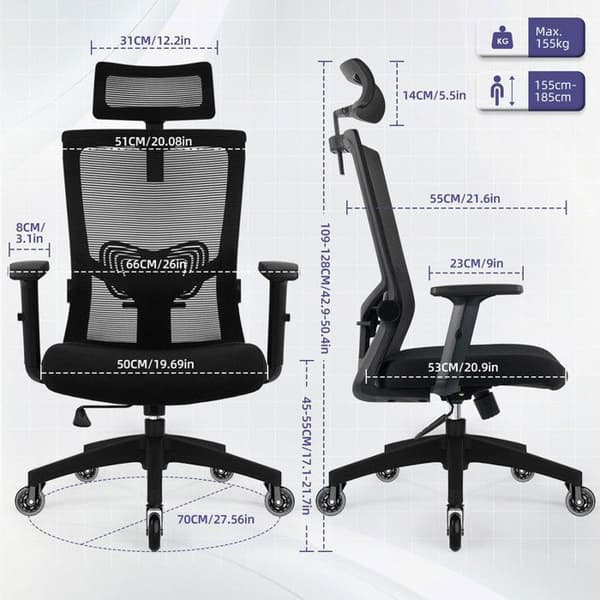 Ergonomisk kontorsstol, höjdjusterbar, lutande ryggstöd, kontorsstol med tysta hjul, last 150 kg