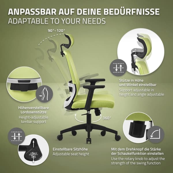 Ergonominen toimistotuoli vihreä mesh kangas säädettävillä käsinojilla ja niskatuella ML design