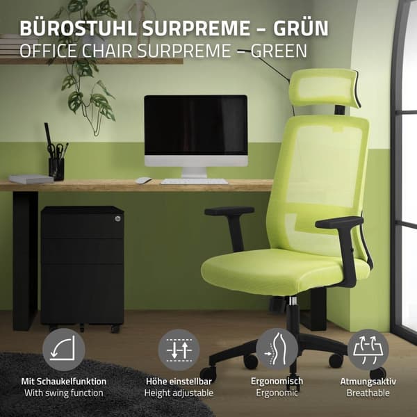 Ergonominen toimistotuoli vihreä mesh kangas säädettävillä käsinojilla ja niskatuella ML design
