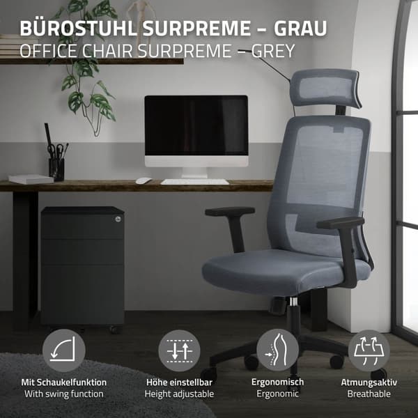 Ergonominen toimistotuoli harmaa verkkokangas, jossa säädettävät käsinojat ja niskatuki ML-muotoilu