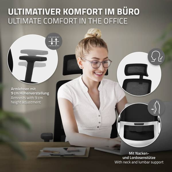 Ergonomisk kontorstol i sort mesh-stof med justerbare armlæn og nakkestøtte ML-design