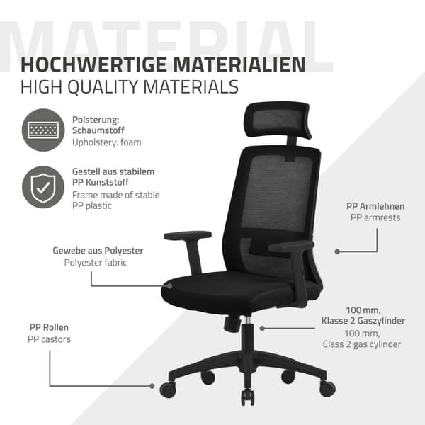 Ergonomisk kontorstol i sort mesh-stof med justerbare armlæn og nakkestøtte ML-design