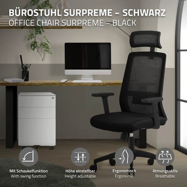 Ergonomisk kontorstol i sort mesh-stof med justerbare armlæn og nakkestøtte ML-design