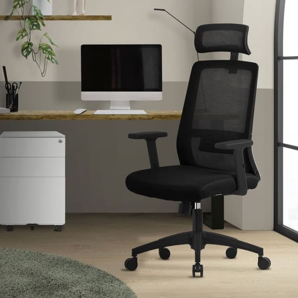 Ergonominen toimistotuoli musta verkkokangas säädettävillä käsinojilla ja pääntuella ML-muotoilu