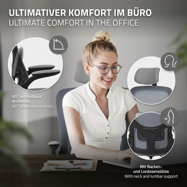 Ergonominen toimistotuoli harmaa verkkokangas, säädettävä niskatuki ja pyörät ML-muotoilu