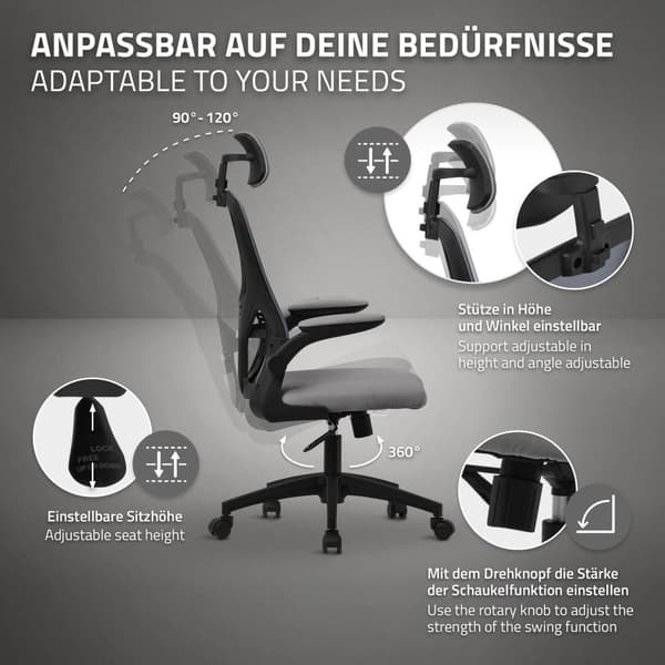 Ergonominen toimistotuoli harmaa verkkokangas, säädettävä niskatuki ja pyörät ML-muotoilu