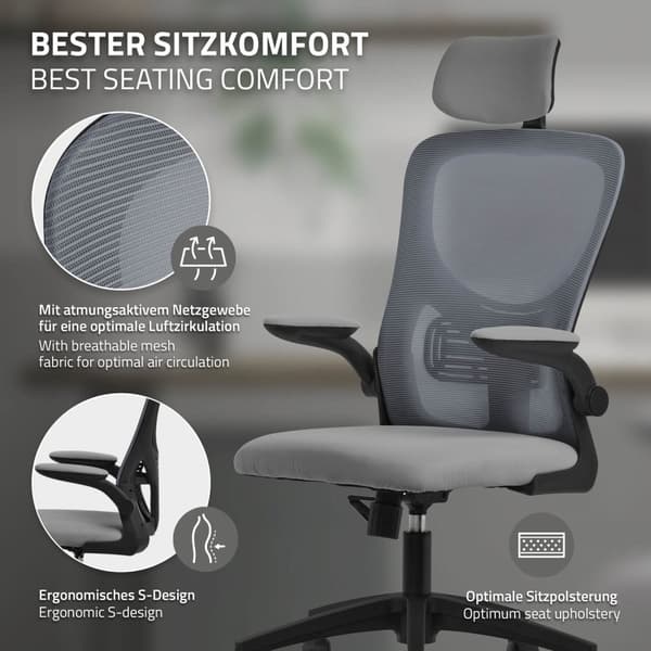 Ergonominen toimistotuoli harmaa verkkokangas, säädettävä niskatuki ja pyörät ML-muotoilu