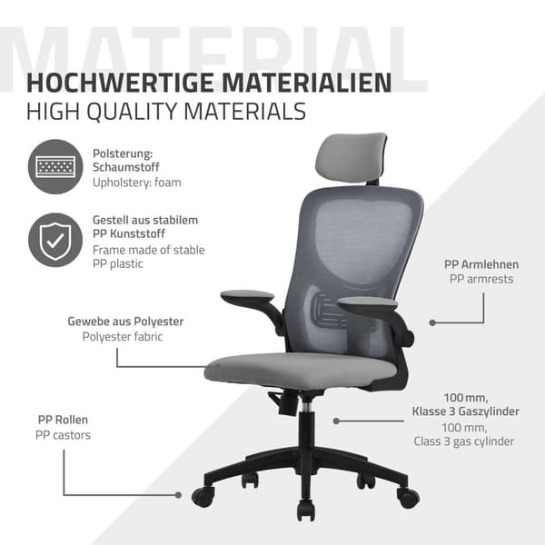 Ergonominen toimistotuoli harmaa verkkokangas, säädettävä niskatuki ja pyörät ML-muotoilu