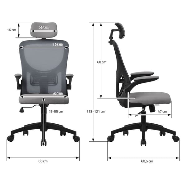 Ergonominen toimistotuoli harmaa verkkokangas, säädettävä niskatuki ja pyörät ML-muotoilu