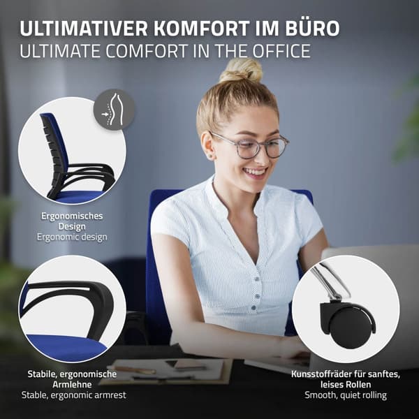 Ergonominen toimistotuoli käsinojilla Mesh-kangas sininen, jossa on pyörät ML-muotoilu