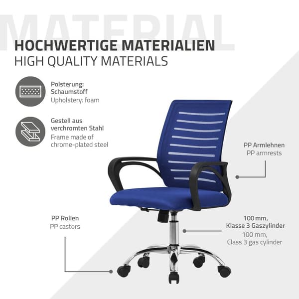 Ergonominen toimistotuoli käsinojilla Mesh-kangas sininen, jossa on pyörät ML-muotoilu