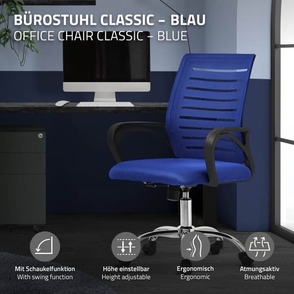 Ergonominen toimistotuoli käsinojilla Mesh-kangas sininen, jossa on pyörät ML-muotoilu