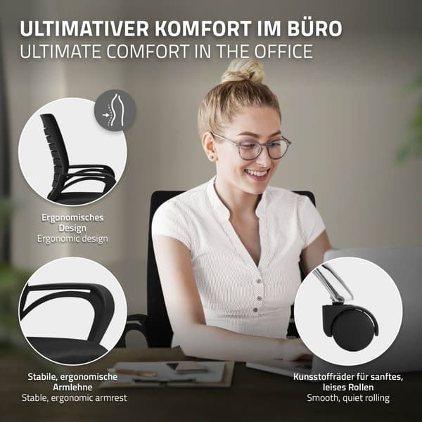 Ergonomisk kontorstol med armlæn Mesh-stof sort med hjul ML-design