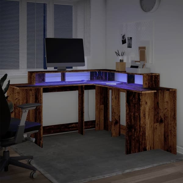 vidaXL Skrivbord med LED gammalt trä 152x152x91 cm konstruerat trä