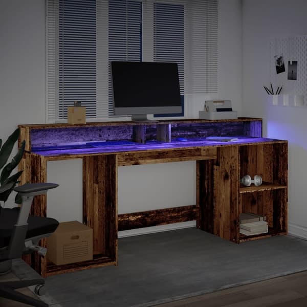 vidaXL Skrivbord med LED gammalt trä 200x55x91 cm konstruerat trä