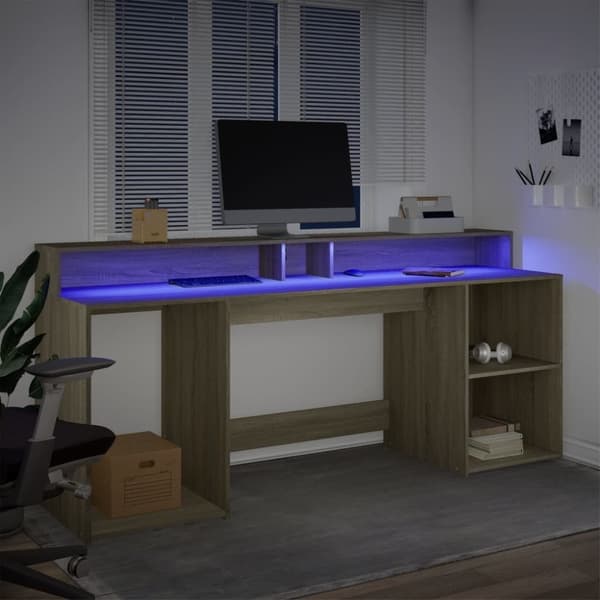 vidaXL Skrivbord med LED sonoma-ek 200x55x91 cm konstruerat trä