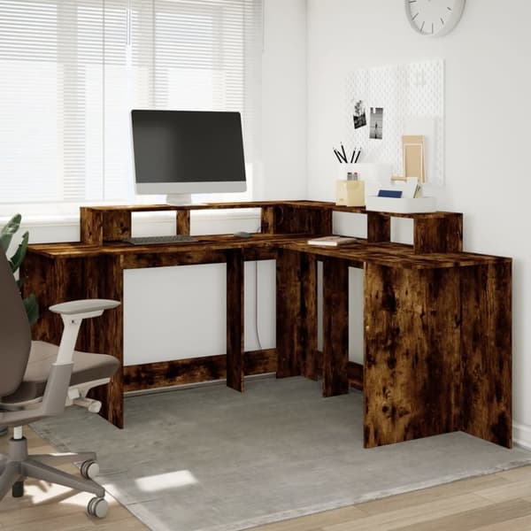 vidaXL Skrivebord med LED-lys røkt eik 152x152x91 cm konstruert tre