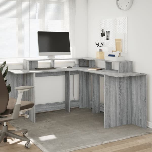 vidaXL Skrivbord med LED grå sonoma 152x152x91 cm konstruerat trä
