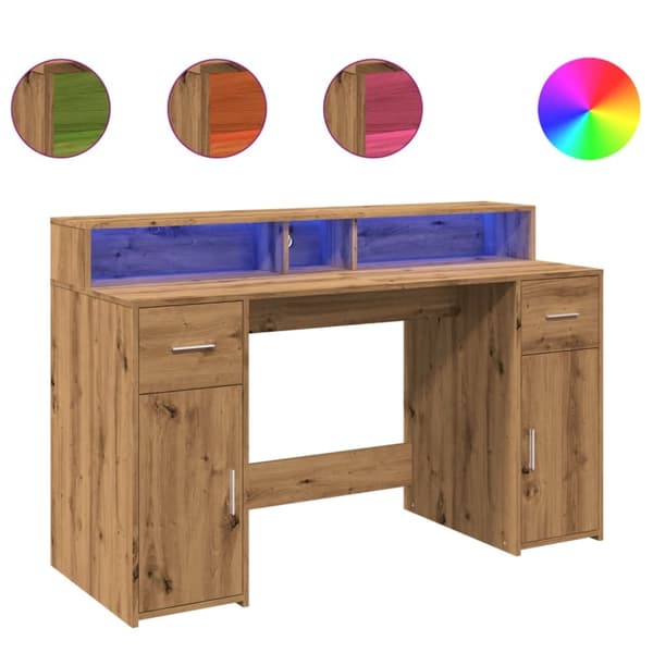 vidaXL Skrivebord med LED-lys artisan eik 140x55x91 cm konstruert tre