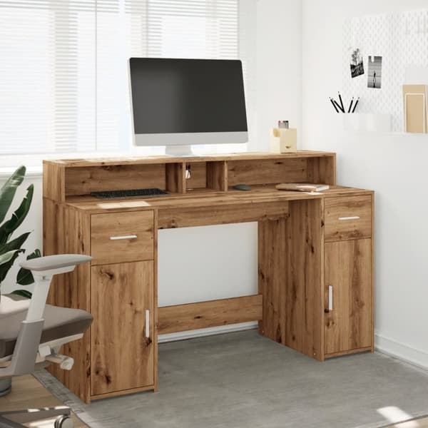 vidaXL Skrivebord med LED-lys artisan eik 140x55x91 cm konstruert tre