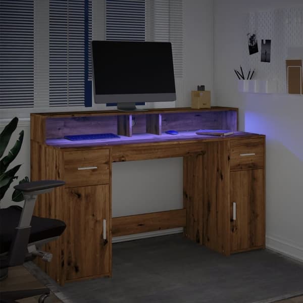 vidaXL Skrivebord med LED-lys artisan eik 140x55x91 cm konstruert tre