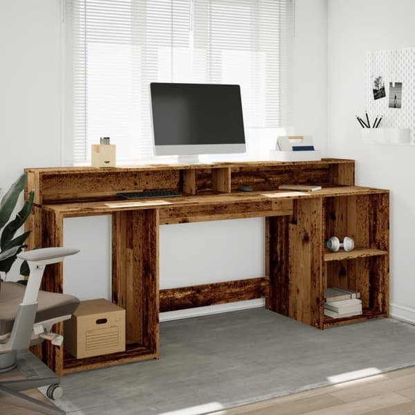 vidaXL Työpöytä LED-valoilla vanha puu 200x55x91 cm tekninen puu