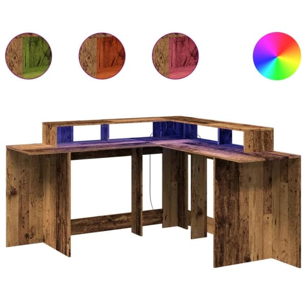 vidaXL skrivebord m. LED-lys 152x152x91 cm konstrueret træ gammelt træ