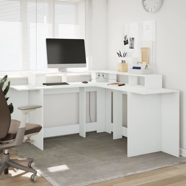 vidaXL Työpöytä LED-valoilla valkoinen 152x152x91 cm tekninen puu
