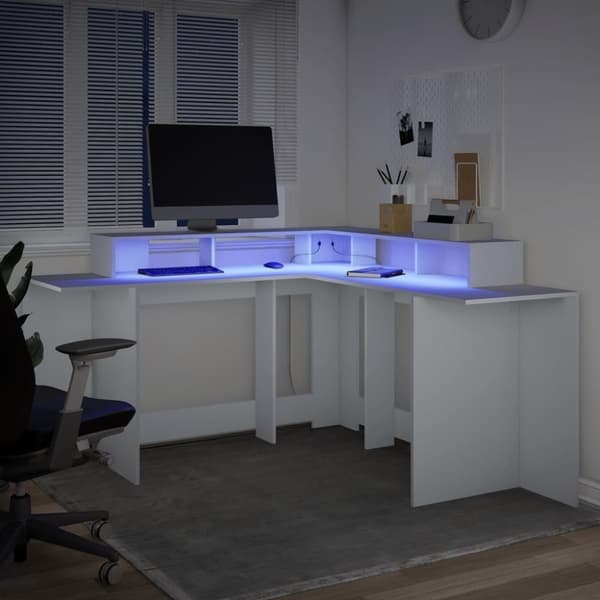 vidaXL Työpöytä LED-valoilla valkoinen 152x152x91 cm tekninen puu