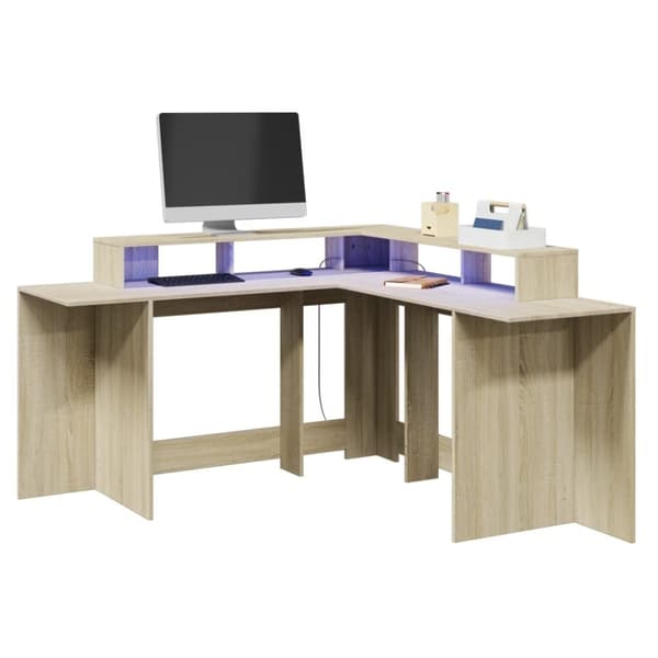vidaXL skrivebord med LED-lys 152x152x91 cm konstrueret træ sonoma-eg