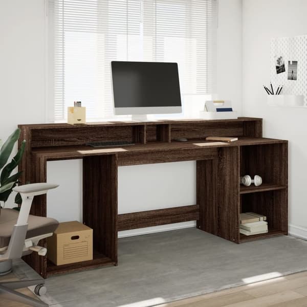 vidaXL skrivebord med LED-lys 200x55x91 cm konstrueret træ brunt eg