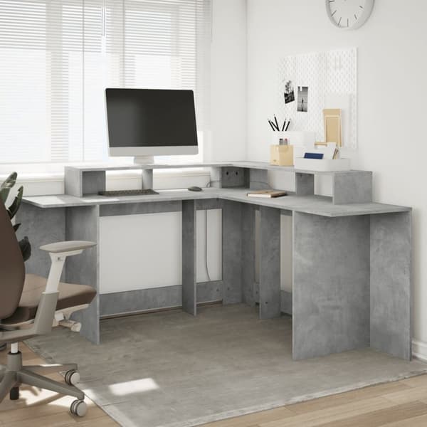 vidaXL Työpöytä LED-valoilla betoninharmaa 152x152x91 cm tekninen puu