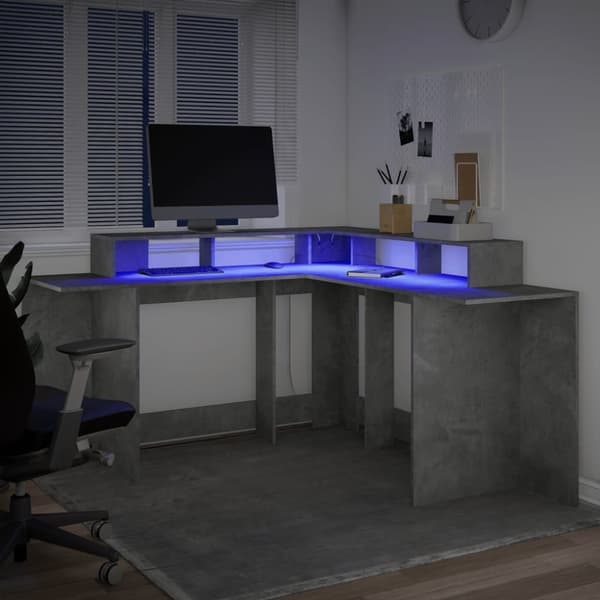vidaXL Työpöytä LED-valoilla betoninharmaa 152x152x91 cm tekninen puu