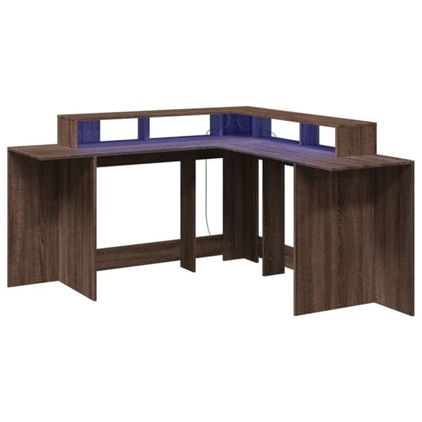 vidaXL skrivebord med LED-lys 152x152x91 cm konstrueret træ brunt eg