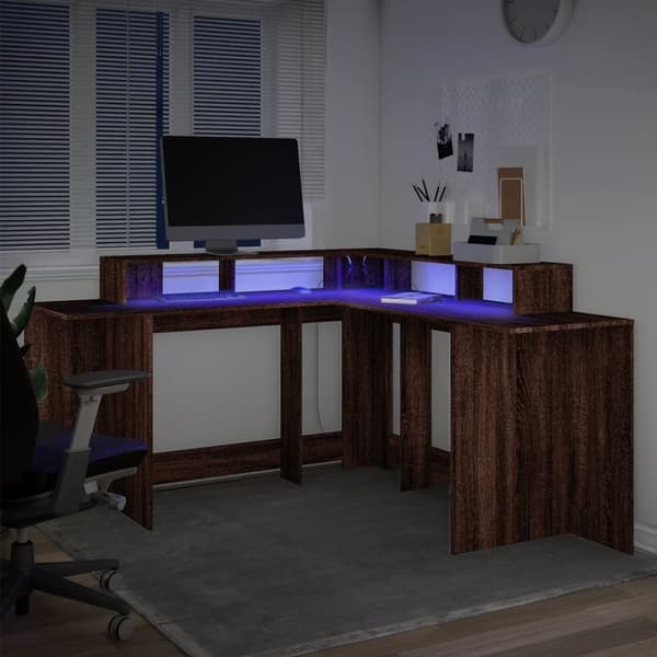vidaXL skrivebord med LED-lys 152x152x91 cm konstrueret træ brunt eg