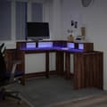 Miniatyrbillede 6 af 11: vidaXL skrivebord med LED-lys 152x152x91 cm konstrueret træ brunt eg
