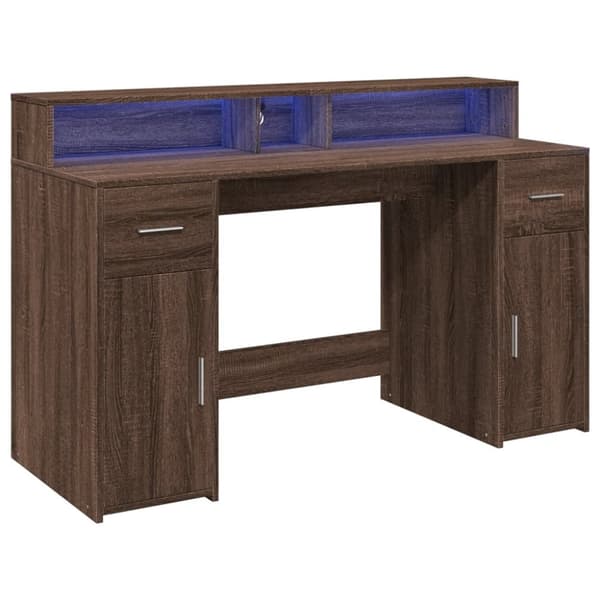 vidaXL Työpöytä LED-valoilla ruskea tammi 140x55x91 cm tekninen puu