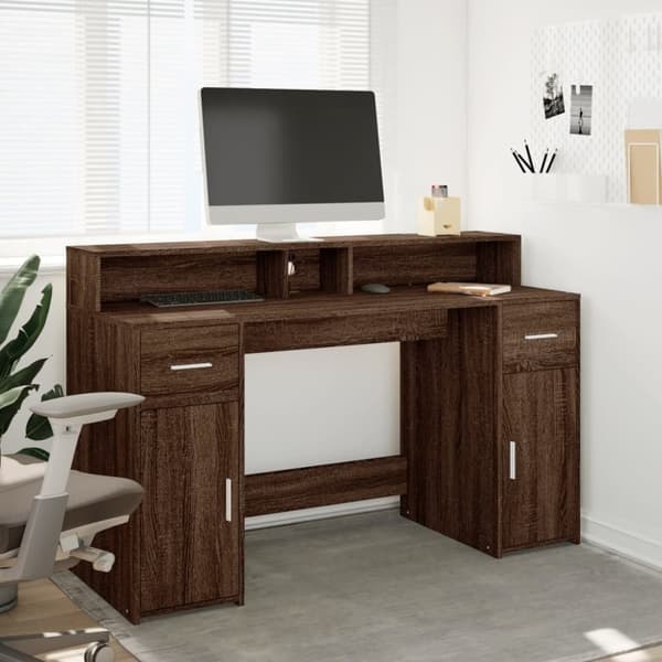 vidaXL Työpöytä LED-valoilla ruskea tammi 140x55x91 cm tekninen puu
