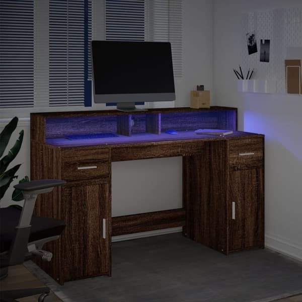 vidaXL Työpöytä LED-valoilla ruskea tammi 140x55x91 cm tekninen puu