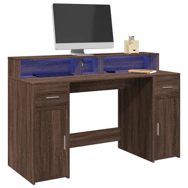 vidaXL Työpöytä LED-valoilla ruskea tammi 140x55x91 cm tekninen puu