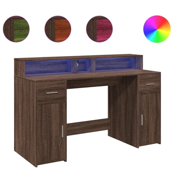 vidaXL Työpöytä LED-valoilla ruskea tammi 140x55x91 cm tekninen puu