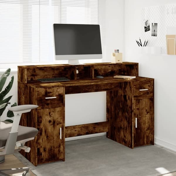 vidaXL skrivebord med LED-lys 140x55x91 cm konstrueret træ røget eg