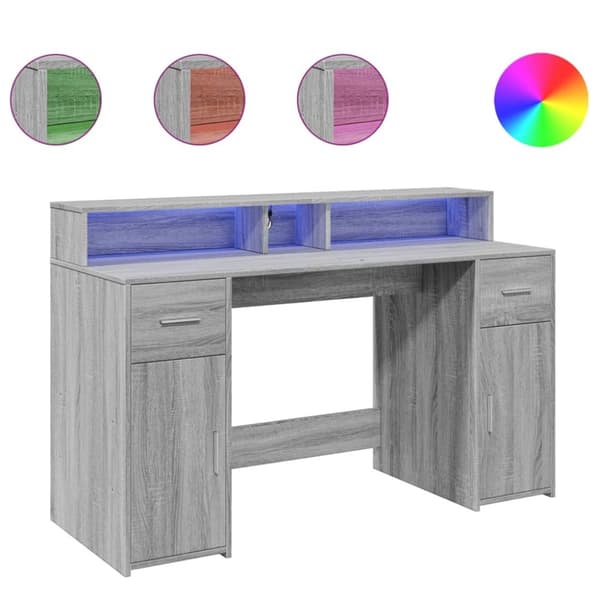 vidaXL Työpöytä LED-valoilla harmaa Sonoma 140x55x91 cm tekninen puu