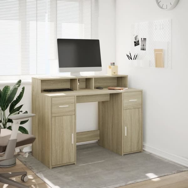 vidaXL skrivebord med LED-lys 120x55x91 cm konstrueret træ sonoma-eg