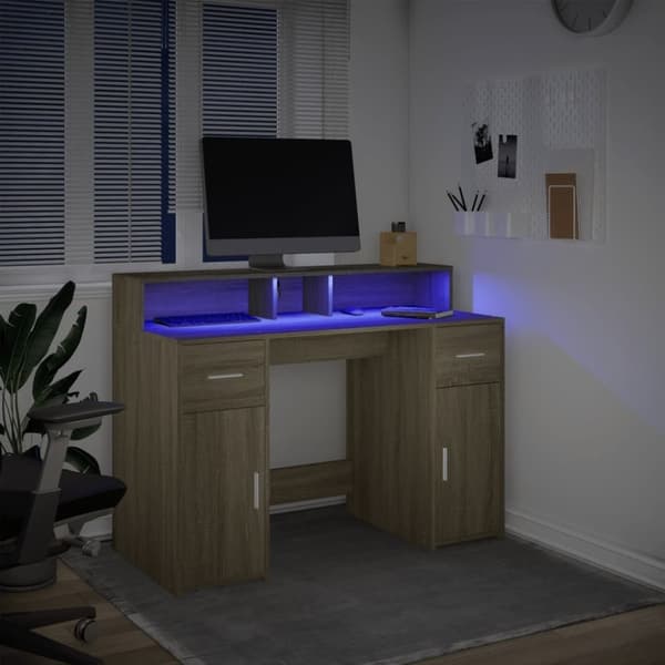 vidaXL skrivebord med LED-lys 120x55x91 cm konstrueret træ sonoma-eg
