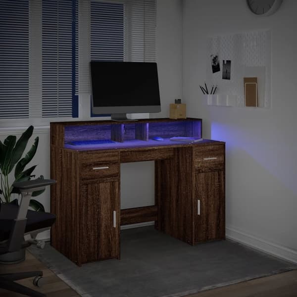 vidaXL Työpöytä LED-valoilla ruskea tammi 120x55x91 cm tekninen puu