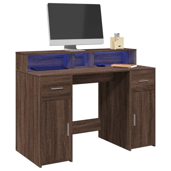 vidaXL Työpöytä LED-valoilla ruskea tammi 120x55x91 cm tekninen puu